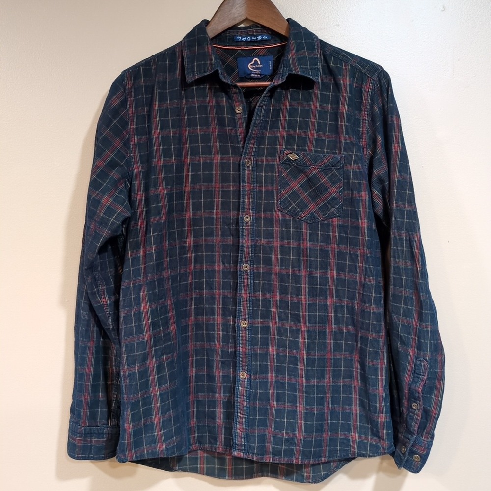 Being Human Slim Fit Corduroy Plaid Button Up Shirt Mens M Grunge Hike Outdoor